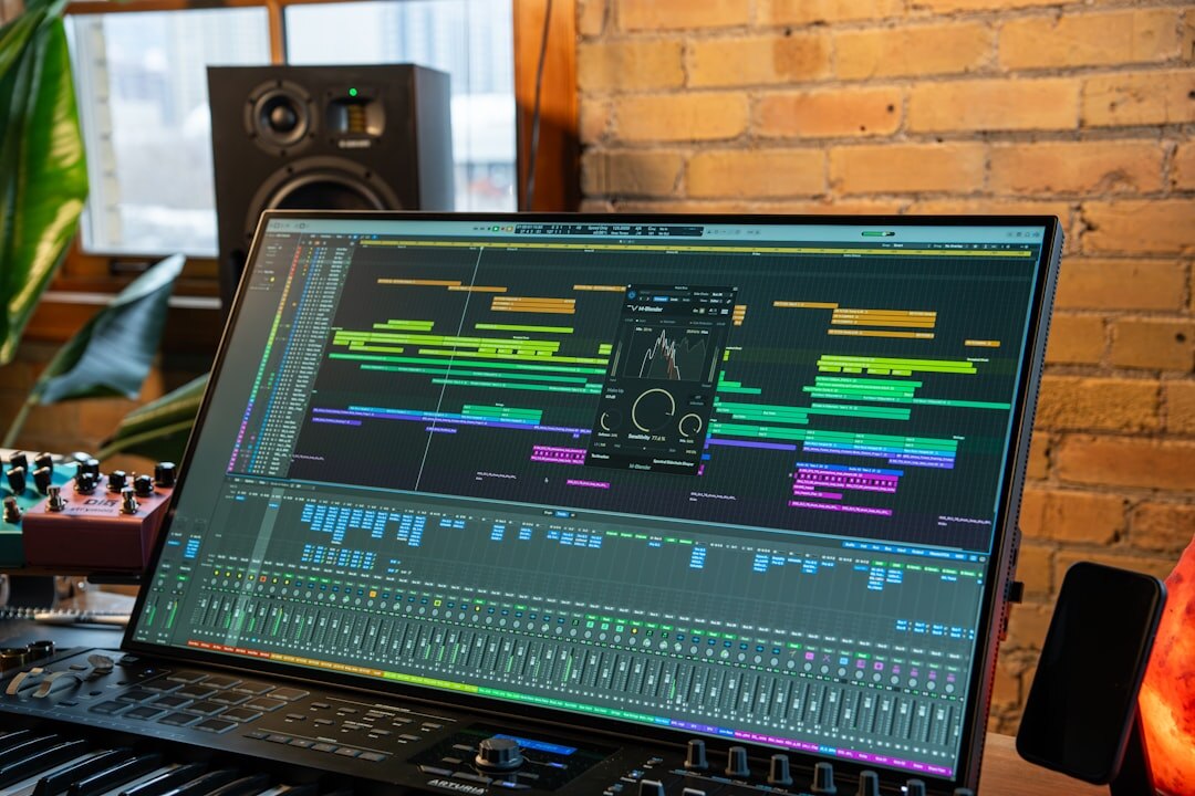 Two instructors reviewing a production plan in front of studio monitors